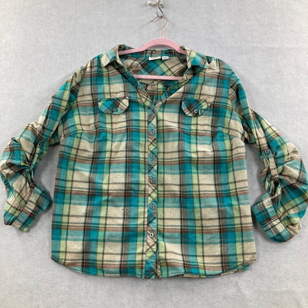 Cato Woman 18/20W Plus Size Plaid Button Down Shirt Teal Brown Roll Tab Sleeves
